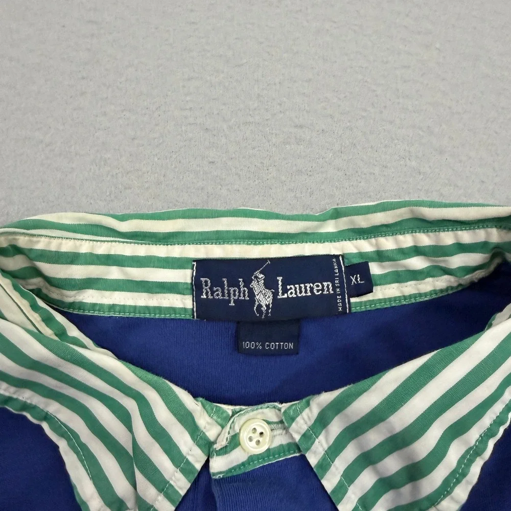Vintage Ralph Lauren Polo Shirt Mens XL Blue Contrast Striped Collar Pony Preppy